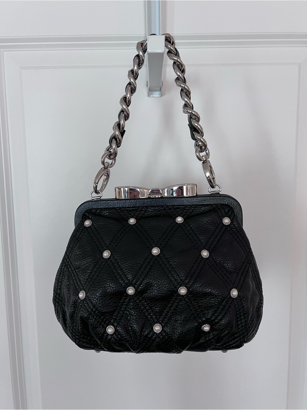 My Flat in London Black Leather Mini Bag Embroidered Pearls Chain Strap EUC